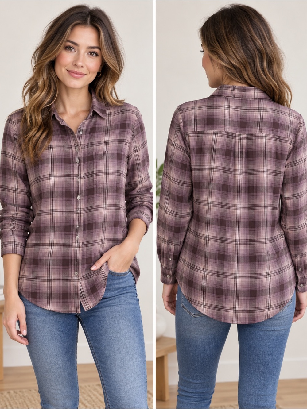 American Eagle Women’s Mauve Burgundy Plaid Button Down Long Sleeve Shirt M